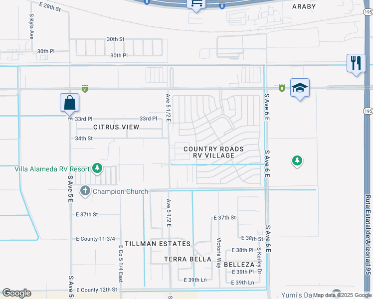 map of restaurants, bars, coffee shops, grocery stores, and more near 5577 East 34th Place in Yuma