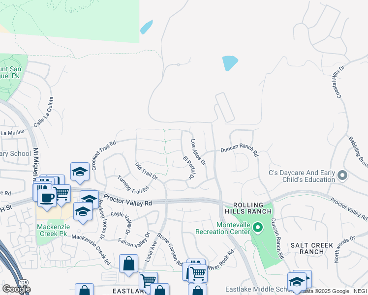 map of restaurants, bars, coffee shops, grocery stores, and more near 597 El Portal Drive in Chula Vista