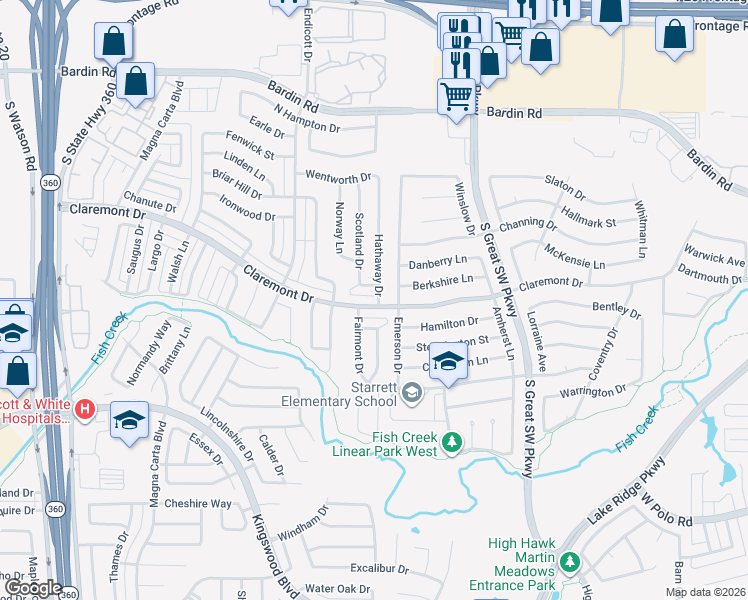 map of restaurants, bars, coffee shops, grocery stores, and more near 2702 Claremont Drive in Grand Prairie