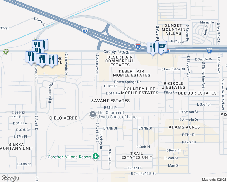 map of restaurants, bars, coffee shops, grocery stores, and more near 8658 East 34th Lane in Yuma