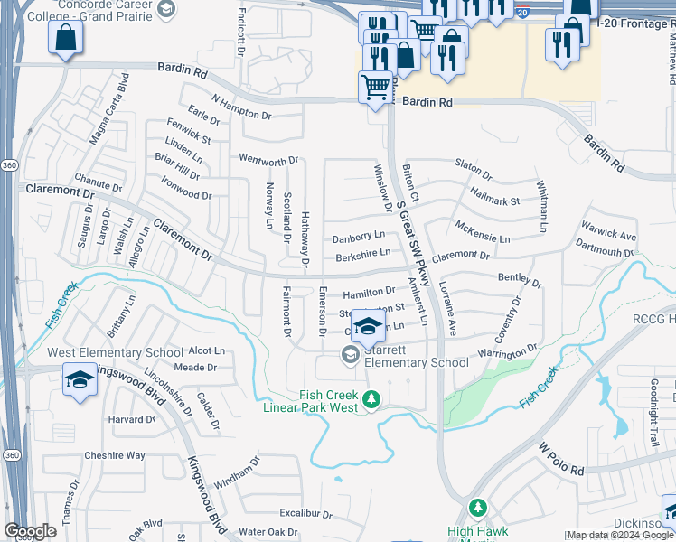 map of restaurants, bars, coffee shops, grocery stores, and more near 2662 Claremont Drive in Grand Prairie