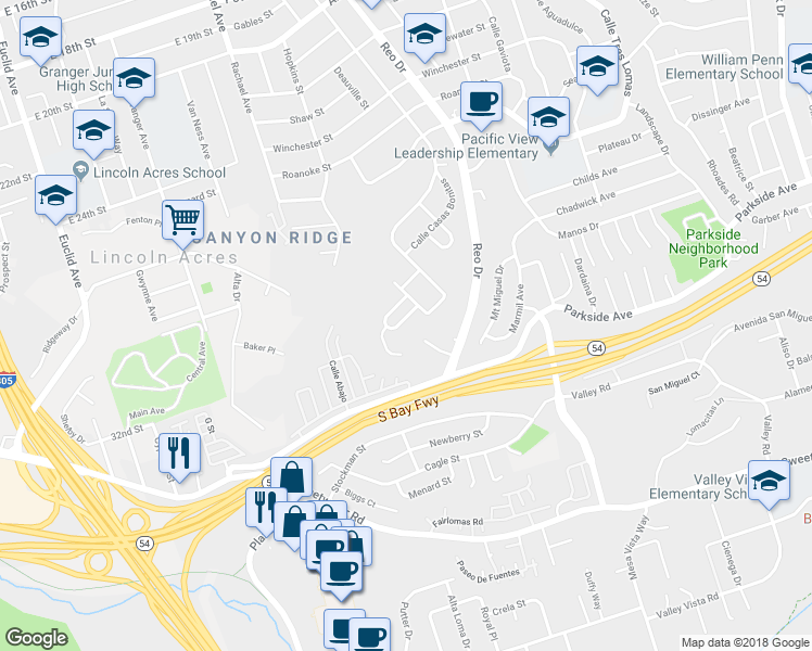 map of restaurants, bars, coffee shops, grocery stores, and more near 5741 Calle Felicidad in San Diego