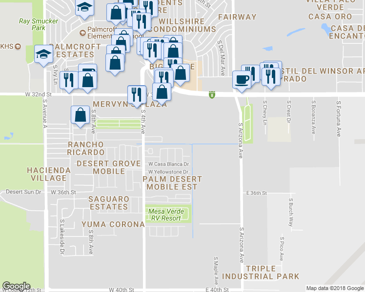 map of restaurants, bars, coffee shops, grocery stores, and more near 50 W El Camino Dr in Yuma