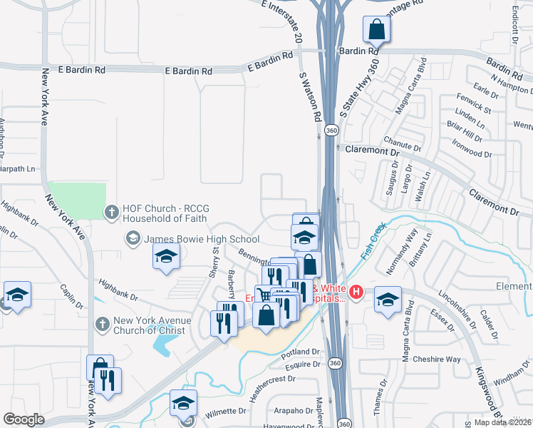 map of restaurants, bars, coffee shops, grocery stores, and more near 2415 Campfire Creek Drive in Arlington