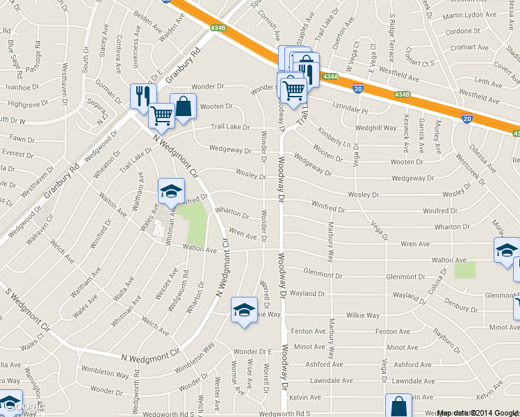 map of restaurants, bars, coffee shops, grocery stores, and more near 5504 Wonder Dr in Fort Worth