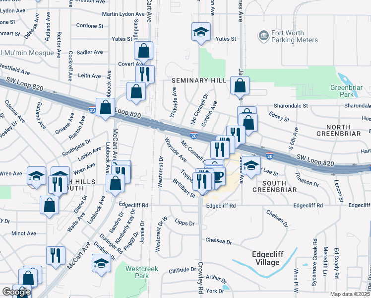 map of restaurants, bars, coffee shops, grocery stores, and more near 5416 Mc Connell Drive in Fort Worth