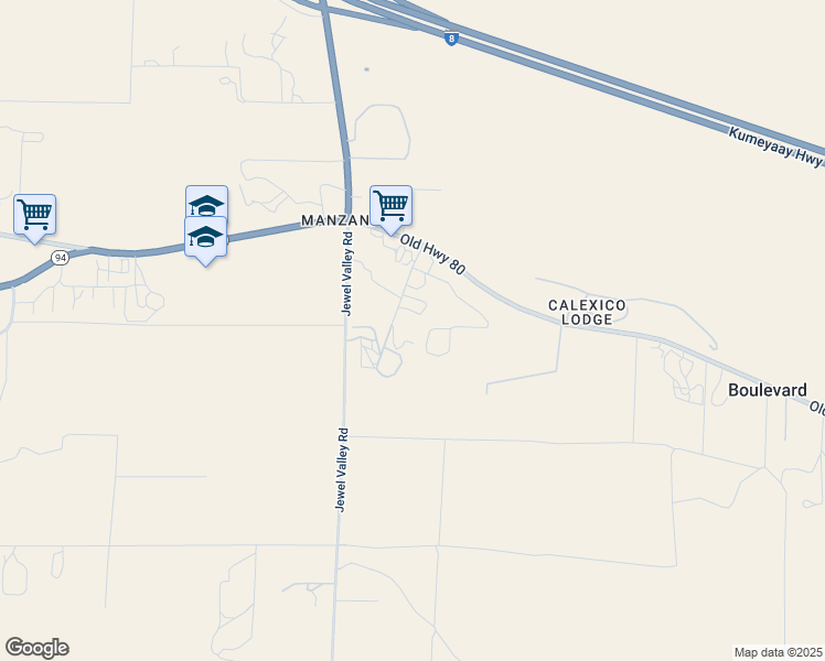 map of restaurants, bars, coffee shops, grocery stores, and more near 2123 Manzanita Lane in Boulevard