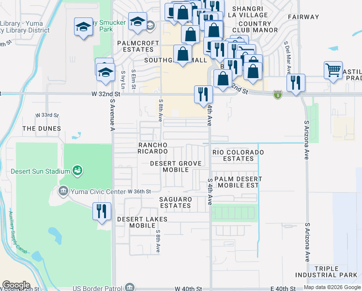 map of restaurants, bars, coffee shops, grocery stores, and more near 630 West Princess Lane in Yuma