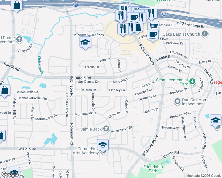 map of restaurants, bars, coffee shops, grocery stores, and more near 4311 Rebecca Court in Grand Prairie