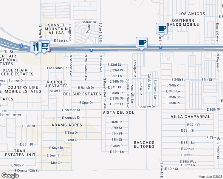 map of restaurants, bars, coffee shops, grocery stores, and more near 9593 East 34th Place in Yuma