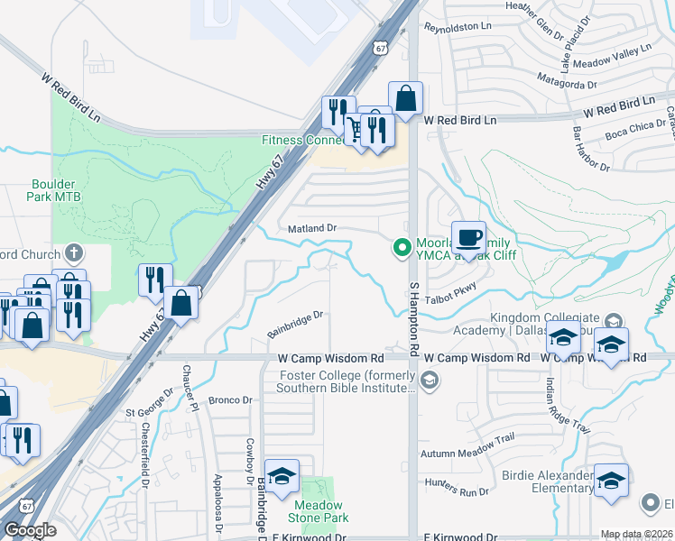 map of restaurants, bars, coffee shops, grocery stores, and more near 6714 Cliffwood Drive in Dallas