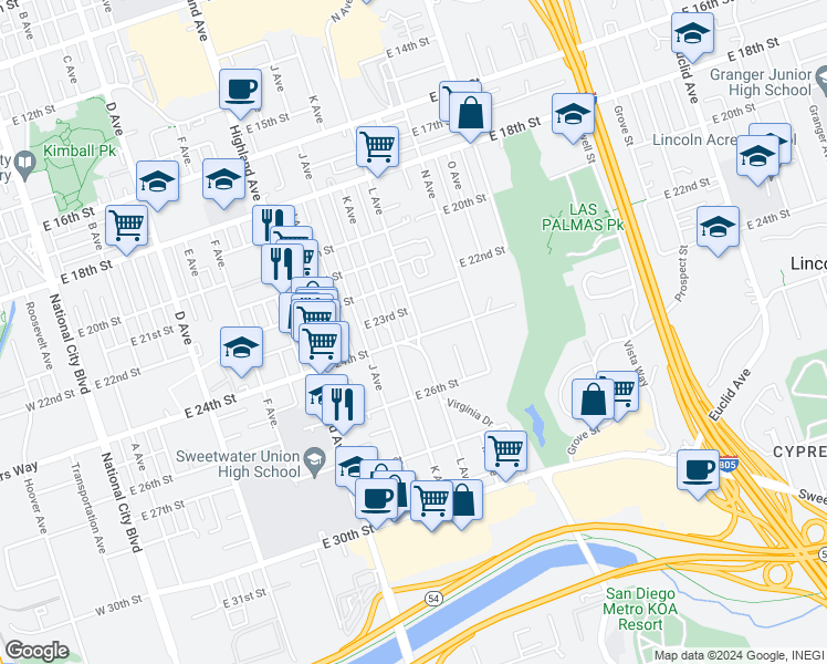 map of restaurants, bars, coffee shops, grocery stores, and more near 2348 L Avenue in National City