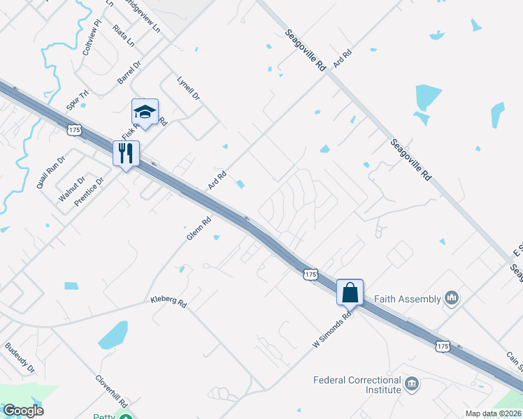 map of restaurants, bars, coffee shops, grocery stores, and more near 205 Creekside Circle in Seagoville