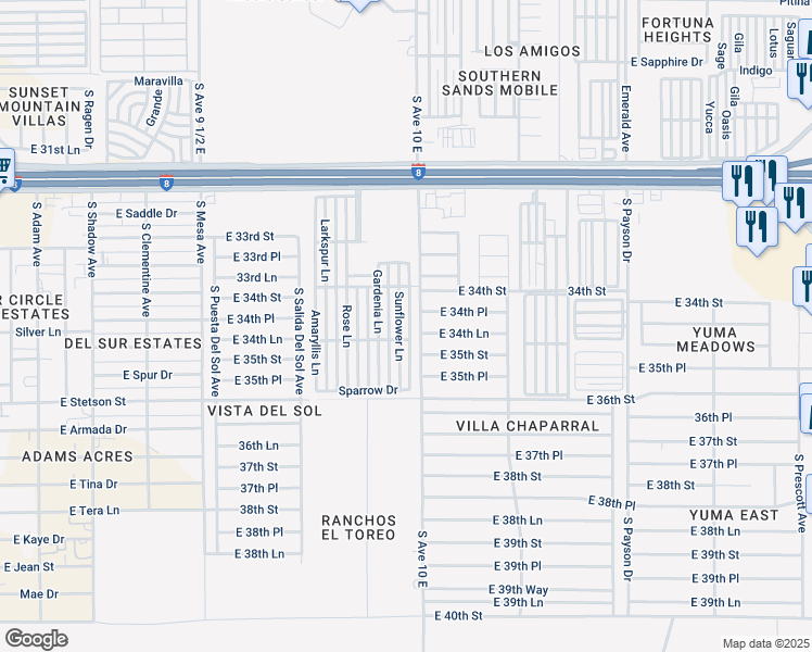 map of restaurants, bars, coffee shops, grocery stores, and more near Hibiscus Lane in Yuma