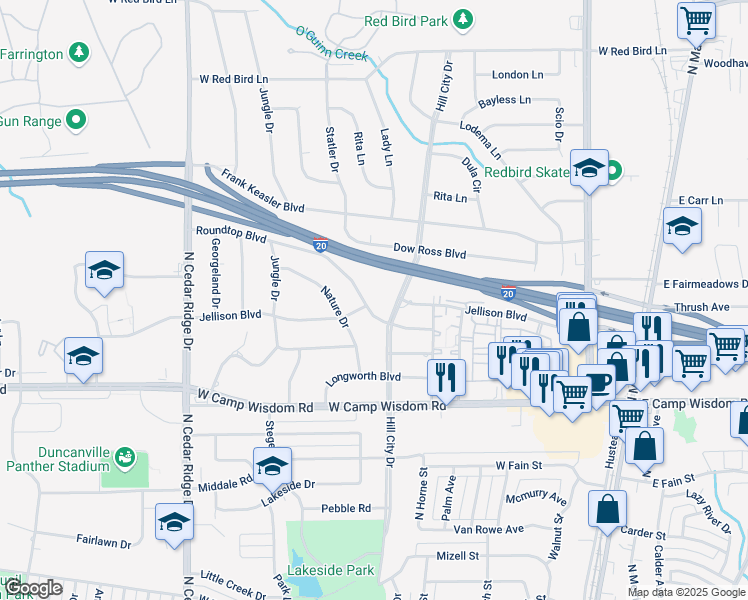 map of restaurants, bars, coffee shops, grocery stores, and more near 507 Roundtop Boulevard in Duncanville