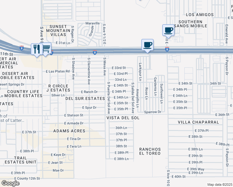 map of restaurants, bars, coffee shops, grocery stores, and more near 9593 East 34th Place in Yuma