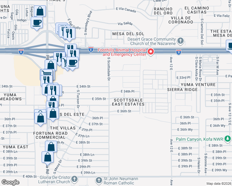 map of restaurants, bars, coffee shops, grocery stores, and more near East 34th Place in Yuma