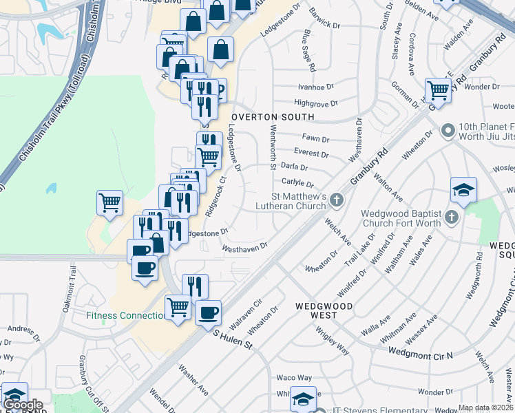 map of restaurants, bars, coffee shops, grocery stores, and more near 4812 Albermarle Dr in Fort Worth
