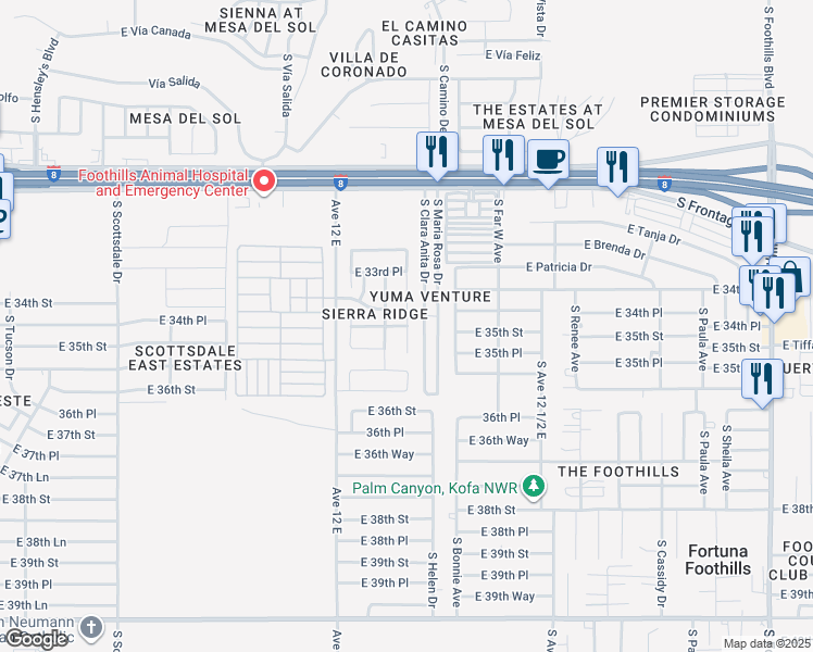 map of restaurants, bars, coffee shops, grocery stores, and more near 11344 Helen Drive in Yuma