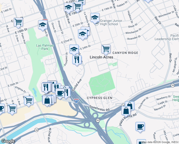 map of restaurants, bars, coffee shops, grocery stores, and more near 2560 Ridgeway Drive in National City