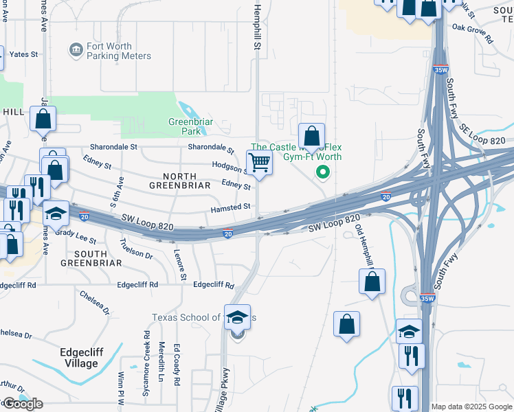 map of restaurants, bars, coffee shops, grocery stores, and more near 525 Hamsted Street in Fort Worth