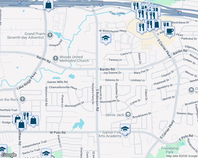 map of restaurants, bars, coffee shops, grocery stores, and more near 4410 Harpers Ferry Drive in Grand Prairie