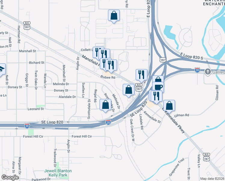 map of restaurants, bars, coffee shops, grocery stores, and more near 6401 Melinda Drive in Forest Hill