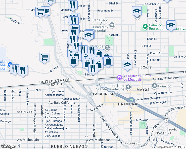 map of restaurants, bars, coffee shops, grocery stores, and more near 200 East 1st Street in Calexico