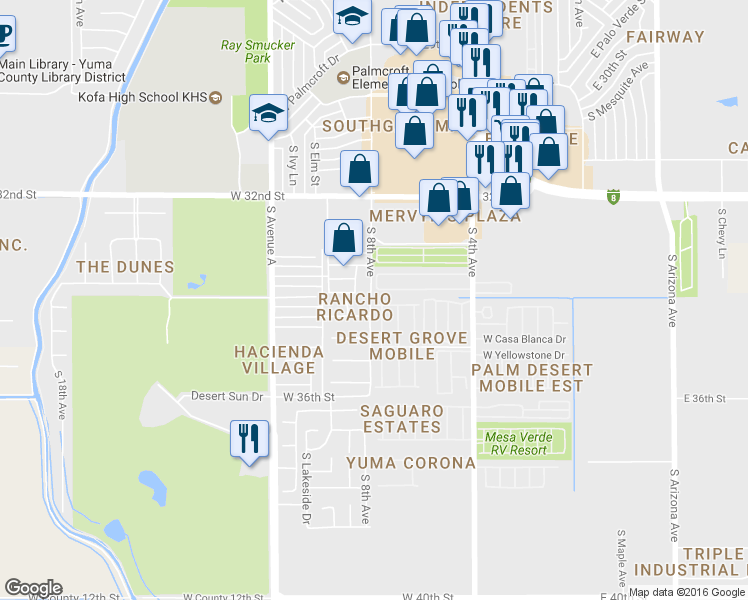 map of restaurants, bars, coffee shops, grocery stores, and more near 790 West Princess Lane in Yuma