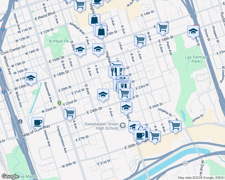 map of restaurants, bars, coffee shops, grocery stores, and more near 118 East 22nd Street in National City