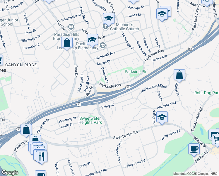 map of restaurants, bars, coffee shops, grocery stores, and more near 6101 Parkside Avenue in San Diego
