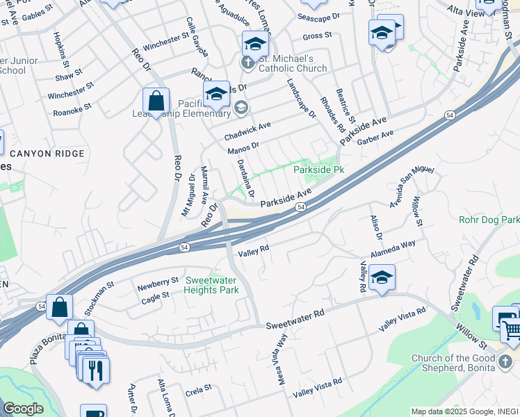 map of restaurants, bars, coffee shops, grocery stores, and more near 6105 Parkside Avenue in San Diego