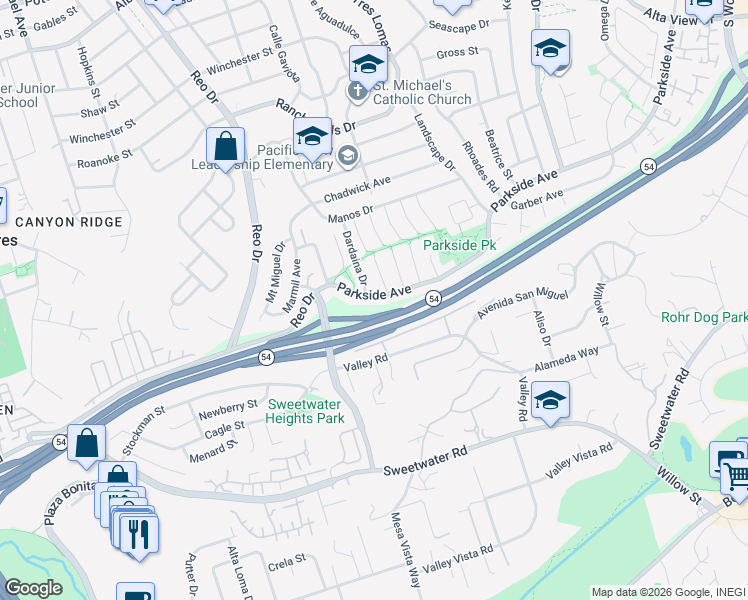 map of restaurants, bars, coffee shops, grocery stores, and more near 6105 Parkside Avenue in San Diego
