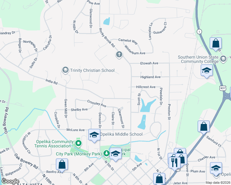 map of restaurants, bars, coffee shops, grocery stores, and more near 500-610 India Rd in Opelika
