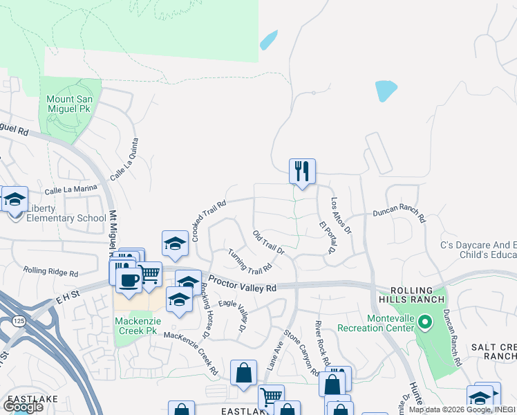 map of restaurants, bars, coffee shops, grocery stores, and more near 2541 High Trail Court in Chula Vista