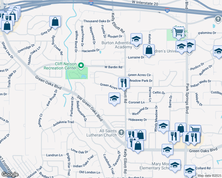 map of restaurants, bars, coffee shops, grocery stores, and more near 4349 Green Acres Circle in Arlington