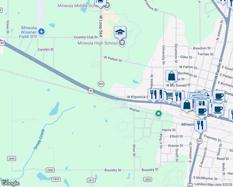 map of restaurants, bars, coffee shops, grocery stores, and more near 716 West Kilpatrick Street in Mineola