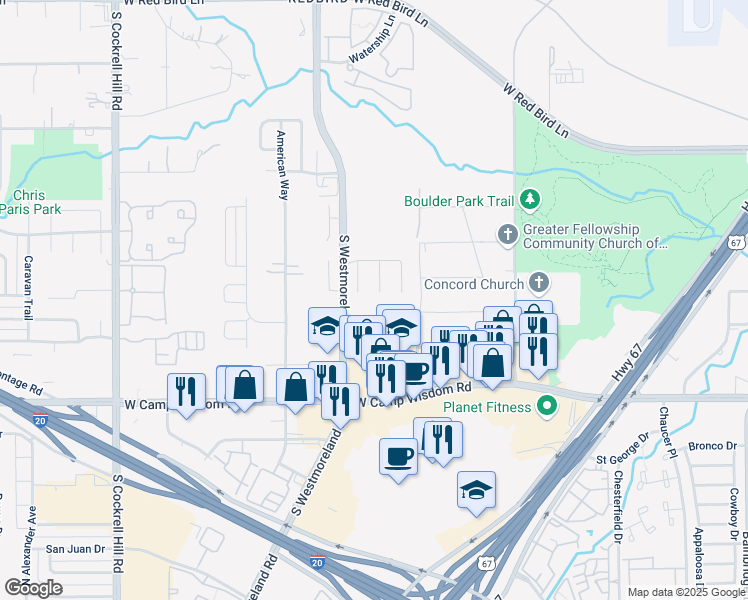 map of restaurants, bars, coffee shops, grocery stores, and more near 6833 Wilhelmina Drive in Dallas