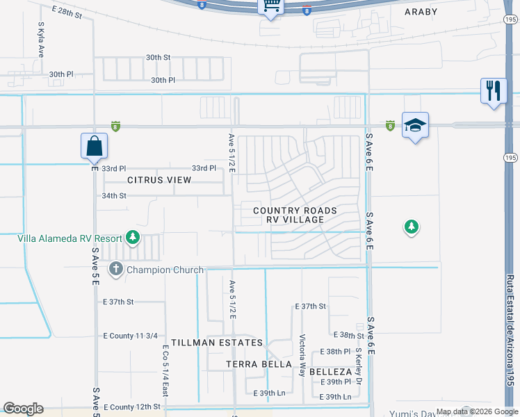 map of restaurants, bars, coffee shops, grocery stores, and more near 5577 East 34th Place in Yuma