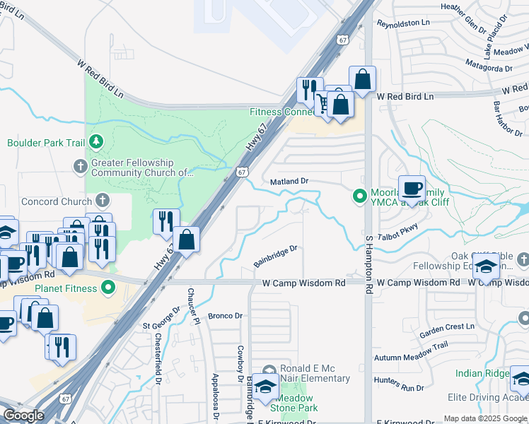 map of restaurants, bars, coffee shops, grocery stores, and more near 6719 Brooklawn Drive in Dallas