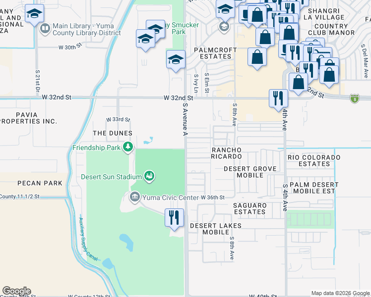 map of restaurants, bars, coffee shops, grocery stores, and more near 3401 South Avenue A in Yuma