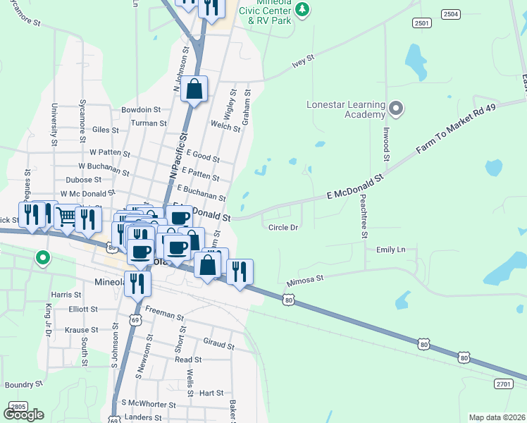 map of restaurants, bars, coffee shops, grocery stores, and more near 811 East McDonald Street in Mineola