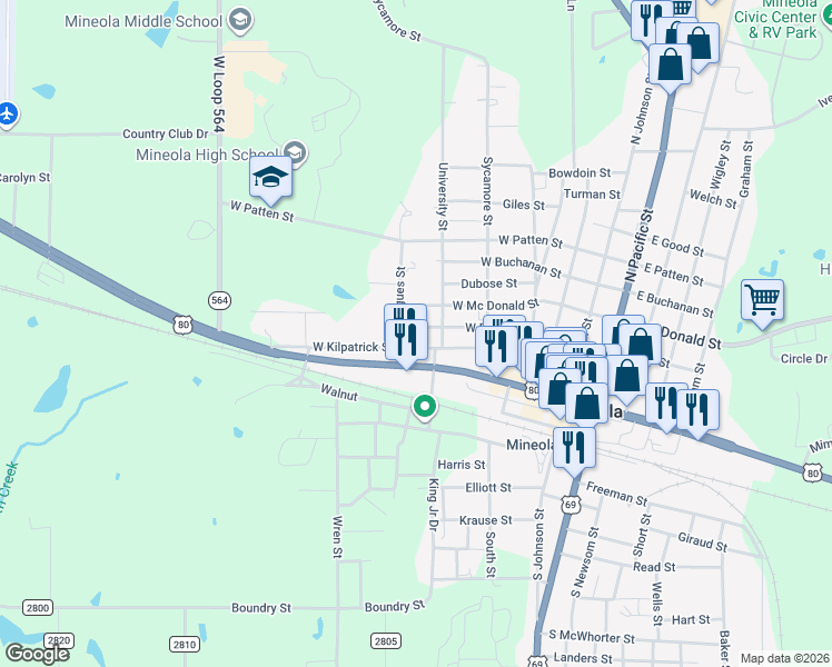 map of restaurants, bars, coffee shops, grocery stores, and more near 508 West Kilpatrick Street in Mineola