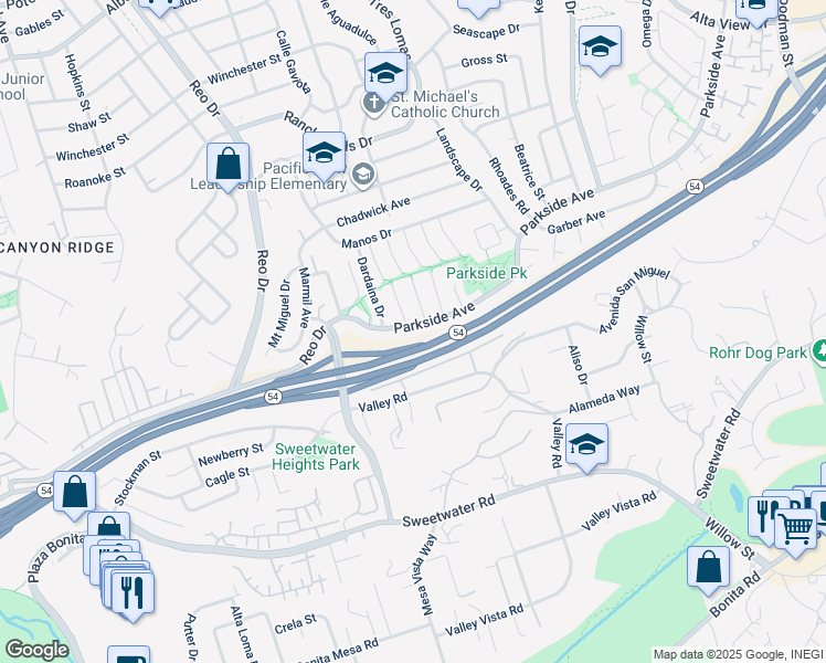 map of restaurants, bars, coffee shops, grocery stores, and more near 6137 Parkside Avenue in San Diego