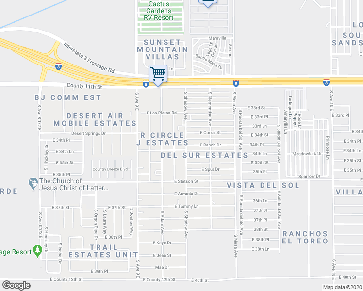 map of restaurants, bars, coffee shops, grocery stores, and more near 11354 South Shadow Avenue in Yuma