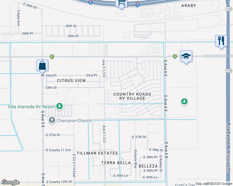 map of restaurants, bars, coffee shops, grocery stores, and more near 5577 East 34th Place in Yuma