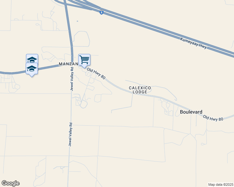 map of restaurants, bars, coffee shops, grocery stores, and more near 2181 Manzanita Lane in Boulevard