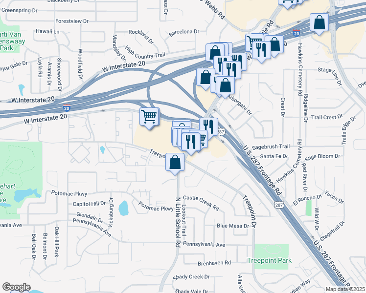 map of restaurants, bars, coffee shops, grocery stores, and more near 1231 North Little School Road in Arlington