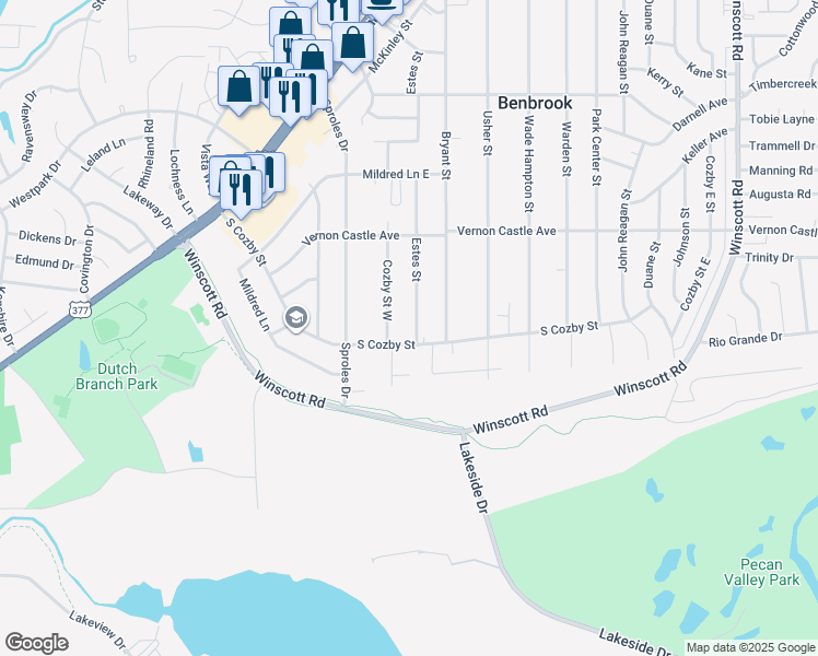map of restaurants, bars, coffee shops, grocery stores, and more near 1234 Estes Street in Benbrook