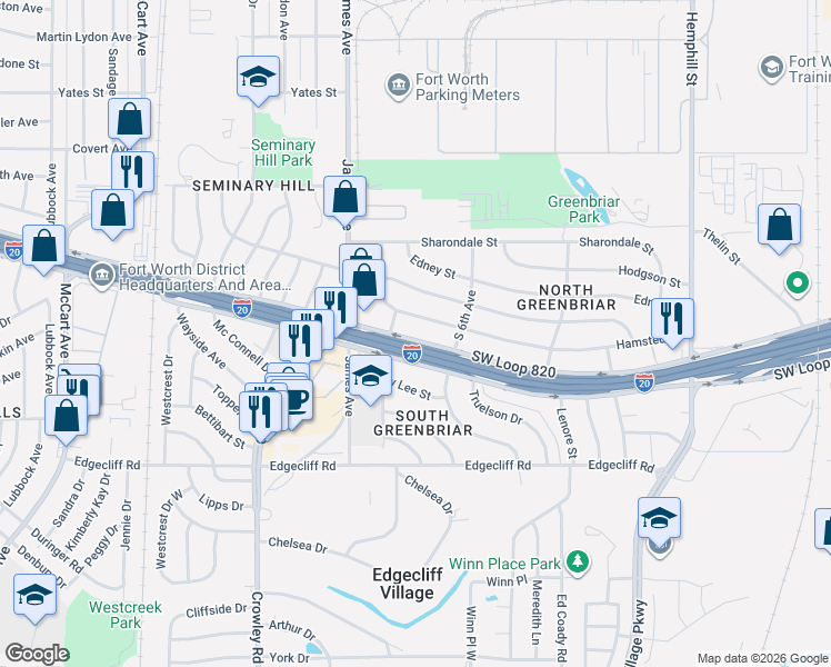 map of restaurants, bars, coffee shops, grocery stores, and more near 1512 Southwest Loop 820 in Fort Worth